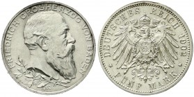 Baden
Friedrich I., 1856-1907
5 Mark 1902. 50 jähriges Regierungsjubiläum.
vorzüglich/Stempelglanz, Randfehler