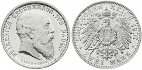 Baden
Friedrich I., 1856-1907
2 Mark 1907. Auf seinen Tod.
Polierte Platte, winz. Kratzer