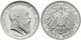 Baden
Friedrich I., 1856-1907
2 Mark 1907. Auf seinen Tod.
Stempelglanz/Erstabschlag, Prachtexemplar