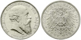Baden
Friedrich I., 1856-1907
5 Mark 1907. Auf seinen Tod.
prägefrisch/fast Stempelglanz