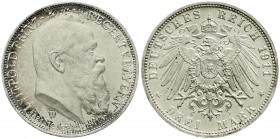Bayern
Luitpold 1911-1912
3 Mark 1911 D. Zum 90 jähr. Geb.
fast Stempelglanz, Prachtexemplar mit feiner Tönung