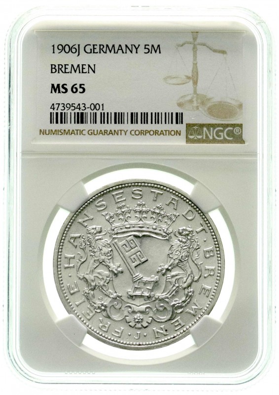 Bremen
5 Mark 1906 J. Im NGC-Blister mit Grading MS 65
Stempelglanz