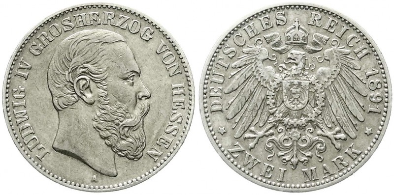 Hessen
Ludwig IV., 1877-1892
2 Mark 1891 A. sehr schön