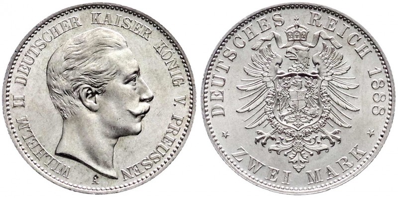 Preußen
Wilhelm II., 1888-1918
2 Mark 1888 A. Kl. Adler.
fast Stempelglanz, P...