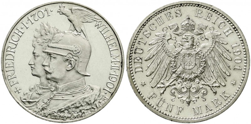 Preußen
Wilhelm II., 1888-1918
5 Mark 1901, 200 Jahrfeier.
Polierte Platte, e...