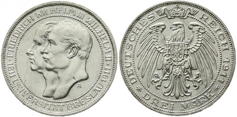 Preußen
Wilhelm II., 1888-1918
3 Mark 1911 A. Universität Breslau.
prägefrisc...