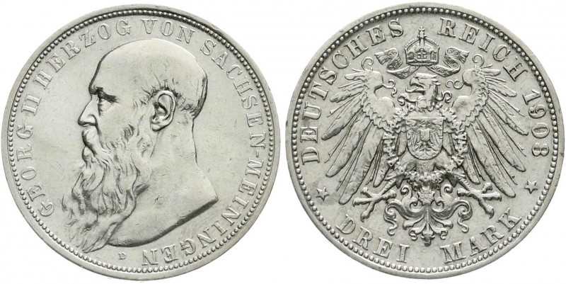 Sachsen-Meiningen
Georg II., 1866-1914
3 Mark 1908 D. vorzüglich, etwas berieb...