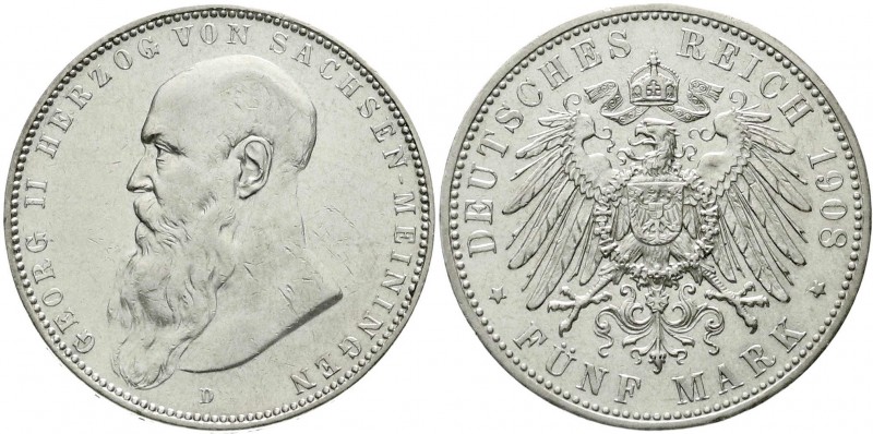 Sachsen-Meiningen
Georg II., 1866-1914
5 Mark 1908 D. Bart berührt Perlkreis n...