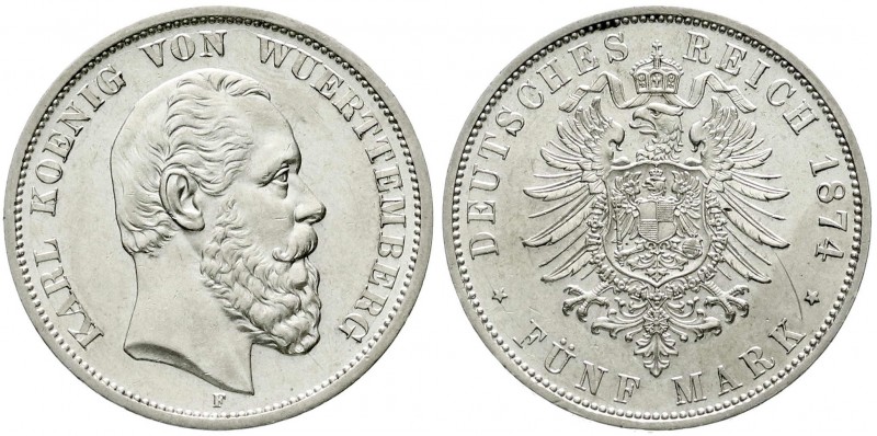 Württemberg
Karl, 1864-1891
5 Mark 1874 F. vorzüglich/Stempelglanz, winz. Krat...