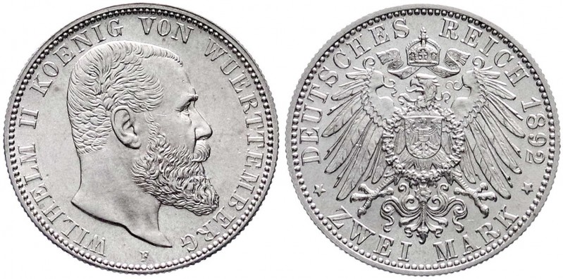 Württemberg
Wilhelm II., 1891-1918
2 Mark 1892 F. prägefrisch/fast Stempelglan...