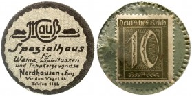 Nordhausen
Briefmarkenkapselgeld: Mauß Spezialhaus für Spirituosen und Tabakerzeugnisse.... o.J. 10 Pf. Ziffer in "grüner" Papphülle statt gelber.
g...