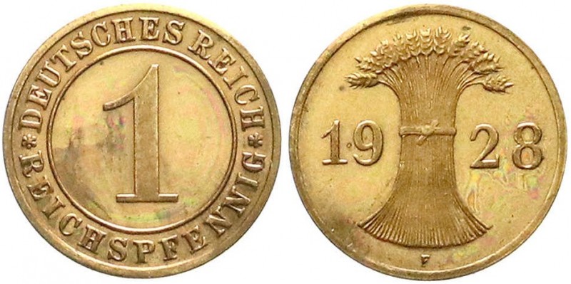 Kursmünzen
1 Reichspfennig, Kupfer 1924-1936
1928 F. Polierte Platte, sehr sel...