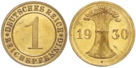 Kursmünzen
1 Reichspfennig, Kupfer 1924-1936
1930 F. Polierte Platte, kl. Kratzer, sehr selten