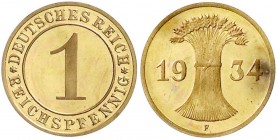 Kursmünzen
1 Reichspfennig, Kupfer 1924-1936
1934 F. Polierte Platte, nur min. berührt, sehr selten