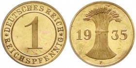 Kursmünzen
1 Reichspfennig, Kupfer 1924-1936
1935 F. Polierte Platte, sehr selten