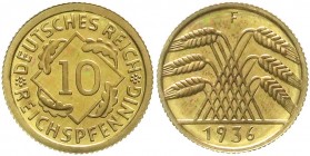 Kursmünzen
10 Reichspfennig, messingfarben 1924-1936
1936 F. Polierte Platte, min. berührt