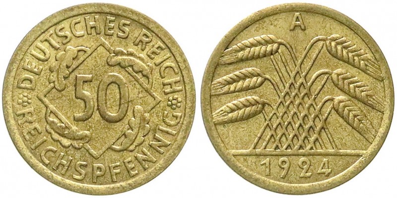 Kursmünzen
50 Reichspfennig, messingfarben 1924-1925
1924 A. vorzüglich