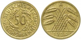 Kursmünzen
50 Reichspfennig, messingfarben 1924-1925
1924 A. vorzüglich