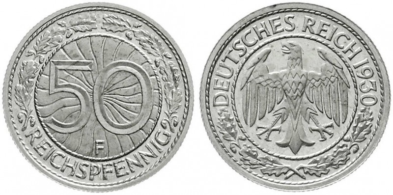 Kursmünzen
50 Reichspfennig, Nickel 1927-1938
1930 F. Polierte Platte, äußerst...