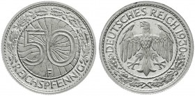 Kursmünzen
50 Reichspfennig, Nickel 1927-1938
1930 F. Polierte Platte, äußerst selten