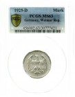 Kursmünzen
1 Mark, Silber, 1924-1925
1925 D. Im PCGS-Blister mit Grading MS 63.
fast Stempelglanz