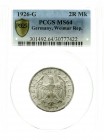 Kursmünzen
2 Reichsmark, Silber 1925-1931
1926 G. Im PCGS-Blister mit Grading MS 64 (bisher wurde nur 1 Ex. höher gegradet).
Stempelglanz