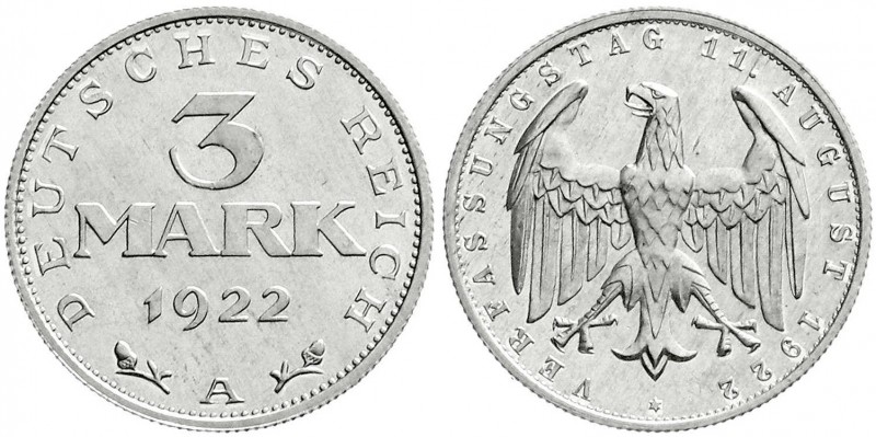 Kursmünzen
3 Mark, Aluminium mit Umschrift 1922-1923
1922 A. Polierte Platte, ...