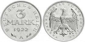 Kursmünzen
3 Mark, Aluminium mit Umschrift 1922-1923
1922 A. Polierte Platte, leicht brührt