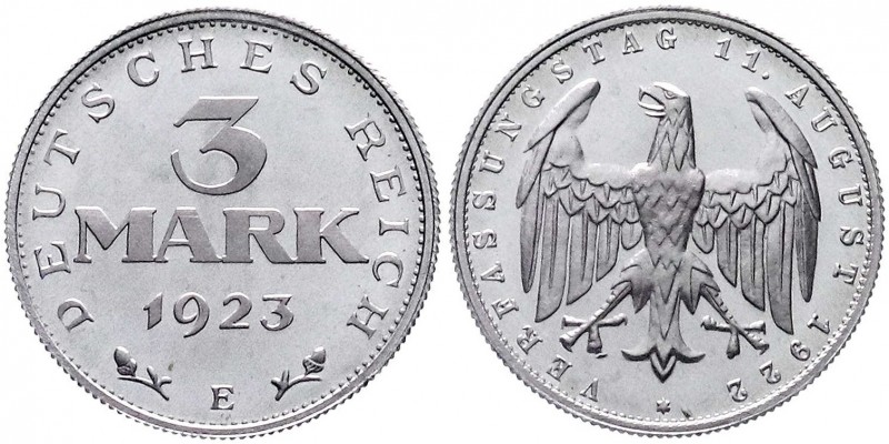 Kursmünzen
3 Mark, Aluminium mit Umschrift 1922-1923
1923 E. Polierte Platte