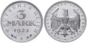 Kursmünzen
3 Mark, Aluminium mit Umschrift 1922-1923
1923 E. Polierte Platte