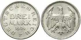 Kursmünzen
3 Mark, Silber 1924-1925
1924 F. prägefrisch/fast Stempelglanz