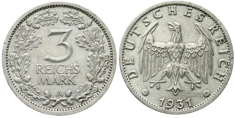 Kursmünzen
3 Reichsmark, Silber 1931-1933
1931 A. fast vorzüglich, kl. Randfeh...