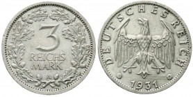 Kursmünzen
3 Reichsmark, Silber 1931-1933
1931 A. fast vorzüglich, kl. Randfehler