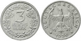 Kursmünzen
3 Reichsmark, Silber 1931-1933
1931 E. vorzüglich, min. Randfehler