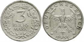 Kursmünzen
3 Reichsmark, Silber 1931-1933
1931 J. sehr schön, Randfehler und kl. Kratzer