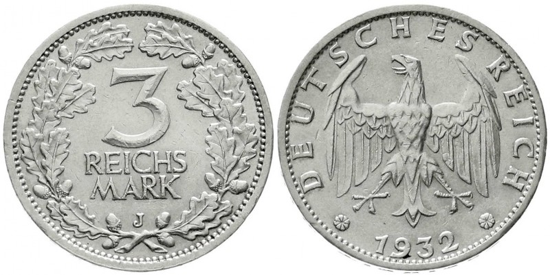 Kursmünzen
3 Reichsmark, Silber 1931-1933
1932 J. vorzüglich/Stempelglanz