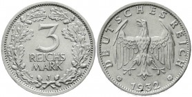 Kursmünzen
3 Reichsmark, Silber 1931-1933
1932 J. vorzüglich/Stempelglanz