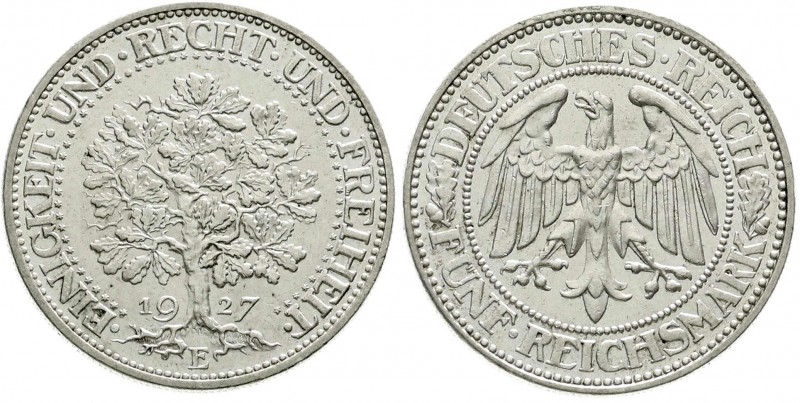 Kursmünzen
5 Reichsmark Eichbaum Silber 1927-1933
1927 E. vorzüglich/Stempelgl...