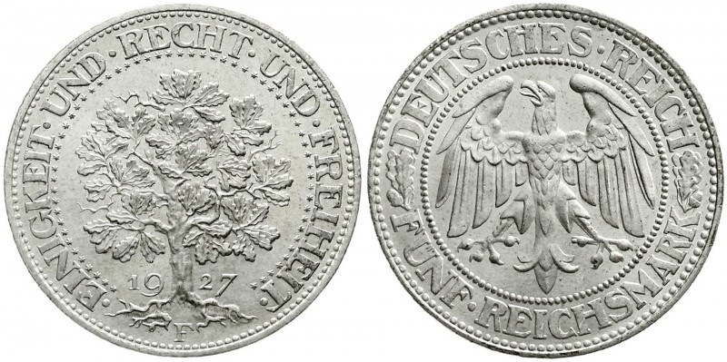 Kursmünzen
5 Reichsmark Eichbaum Silber 1927-1933
1927 F. fast Stempelglanz, P...