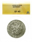 Kursmünzen
5 Reichsmark Eichbaum Silber 1927-1933
1930 D. Im ANACS-Blister mit Grading EF 40.
selten