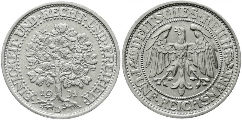 Kursmünzen
5 Reichsmark Eichbaum Silber 1927-1933
1931 D. fast Stempelglanz