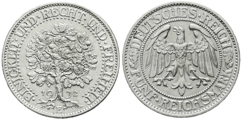 Kursmünzen
5 Reichsmark Eichbaum Silber 1927-1933
1932 E. vorzüglich, kl. Krat...