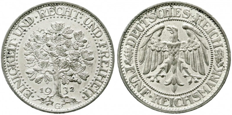 Kursmünzen
5 Reichsmark Eichbaum Silber 1927-1933
1932 G. vorzüglich, etwas ge...