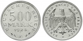 Kursmünzen
500 Mark, Aluminium 1923
1923 F. Polierte Platte, nur min. berührt, sehr selten
