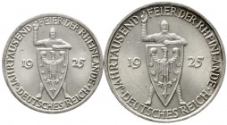 Gedenkmünzen
5 Reichsmark Rheinlande
2 Stück: 3 und 5 Reichsmark 1925 A. beide vorzüglich/Stempelglanz, kl. Kratzer