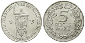 Gedenkmünzen
5 Reichsmark Rheinlande
1925 E. fast Stempelglanz, feine Haarlinien, sonst Prachtexemplar