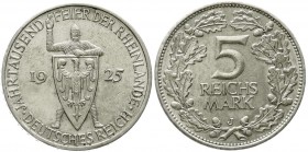 Gedenkmünzen
5 Reichsmark Rheinlande
1925 J. fast vorzüglich, kl. Randfehler, selten