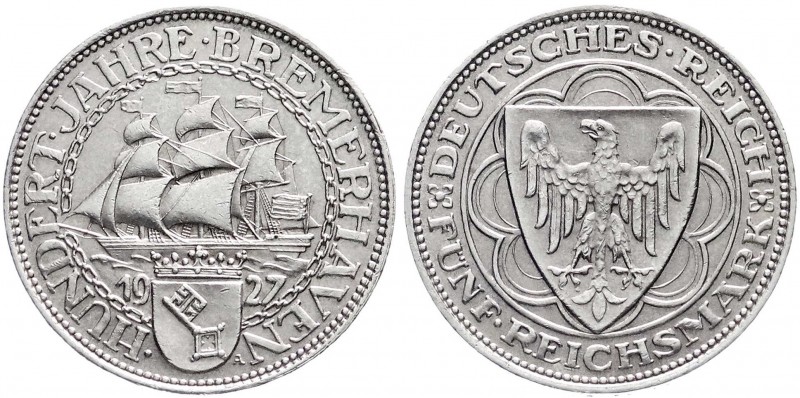 Gedenkmünzen
5 Reichsmark Bremerhaven
1927 A. gutes vorzüglich