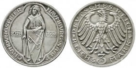 Gedenkmünzen
3 Reichsmark Naumburg/Saale
1928 A. Mattprägung.
(Polierte Platte), selten