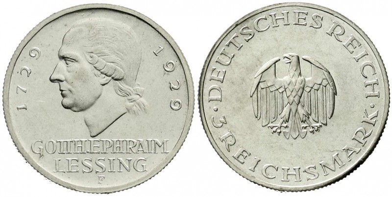 Gedenkmünzen
3 Reichsmark Lessing
1929 F. vorzüglich/Stempelglanz